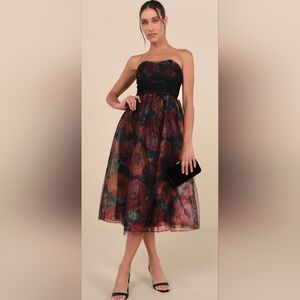 Lulu's Strapless Floral Midi Dress in Black with Jewel-Toned Blooms